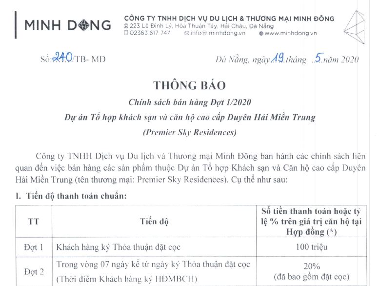 Tiến Độ Thanh Toán Căn Hộ Premier Sky Residences Đà Nẵng