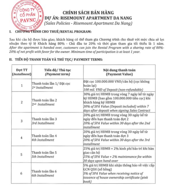 Tiến độ thanh toán căn hộ risemount đà nẵng