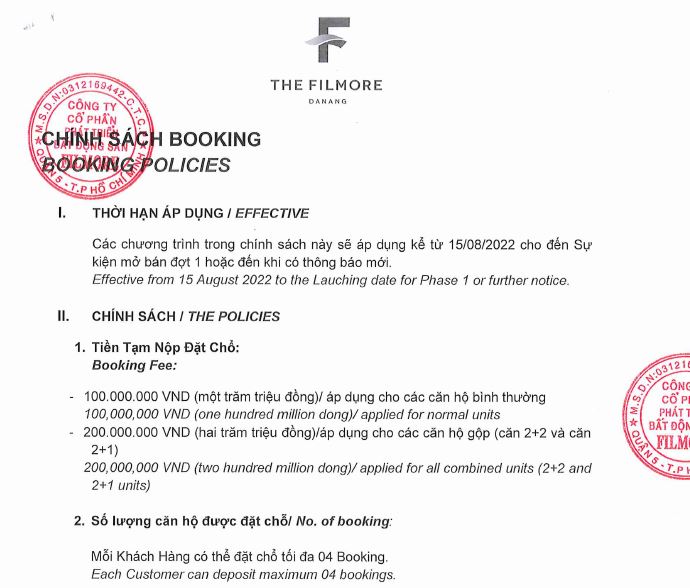 Chính sách khách hàng mua căn hộ The Filmore Đà Nẵng