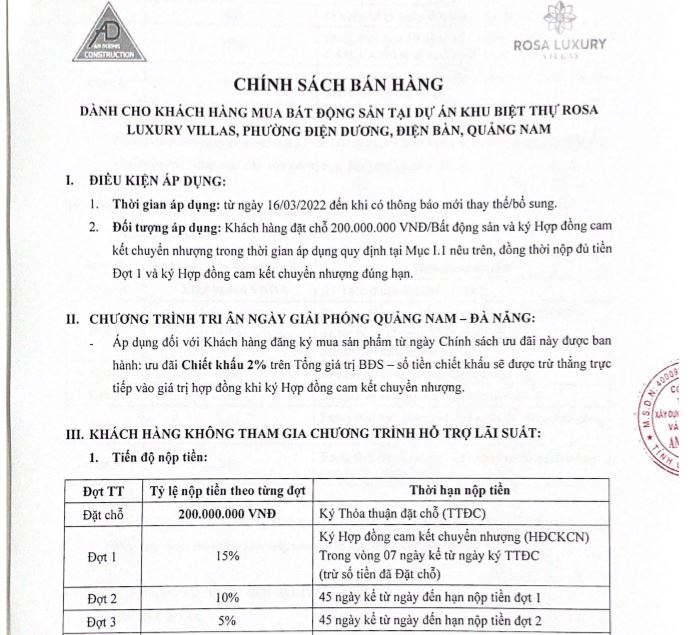 Chính sách bán hàng Khu biệt thự Rosa Luxury Villas Quãng Nam