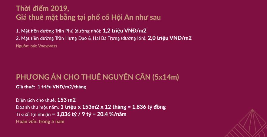 Giá cho thuê mặt bằng dự án hôi an d'or