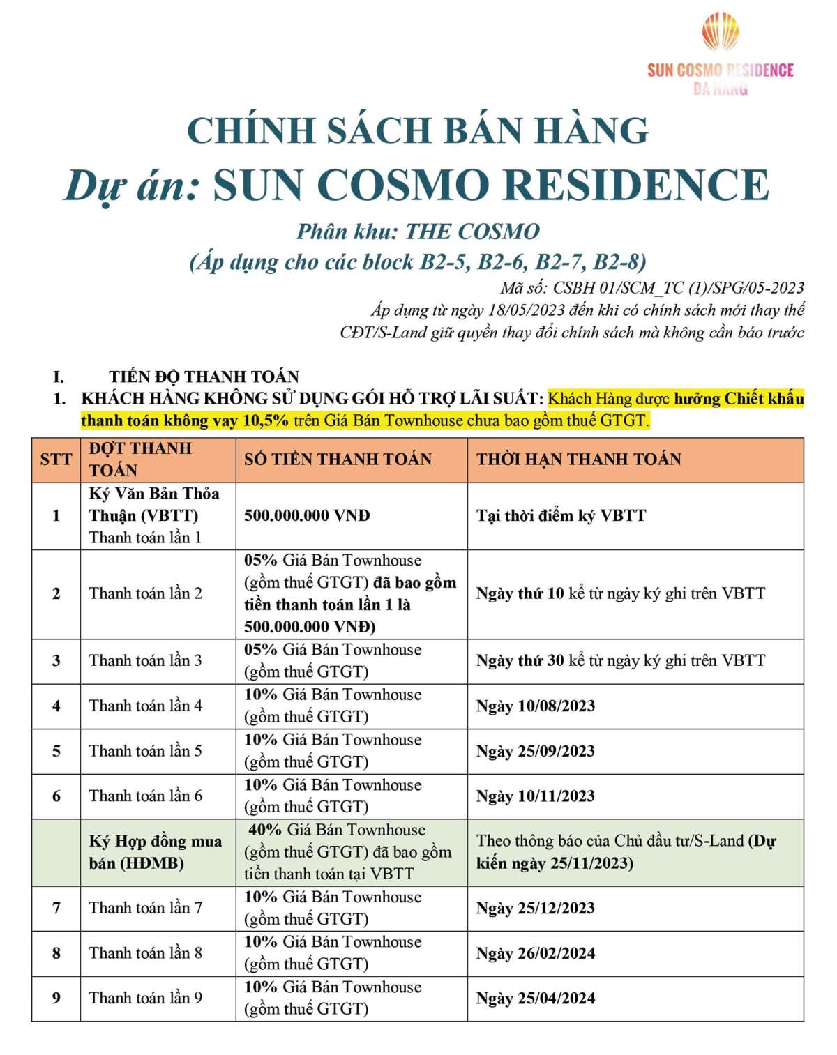 Chính sách bán hàng nhà phố, biệt thự The Cosmo – Sun Cosmo Residence tháng 06 năm 2023 – Trang 1.